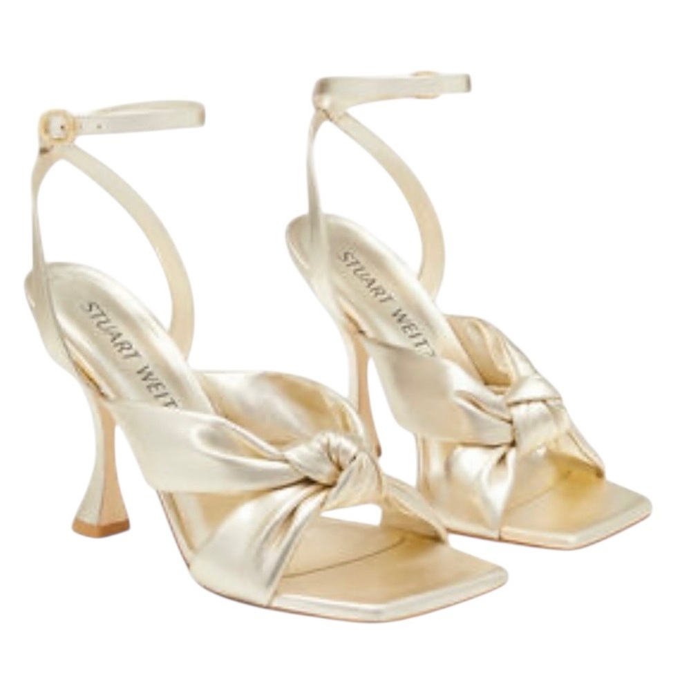 Stuart Weitzman Playa Metallic Leather Square Toe Knotted Ankle Strap Stiletto